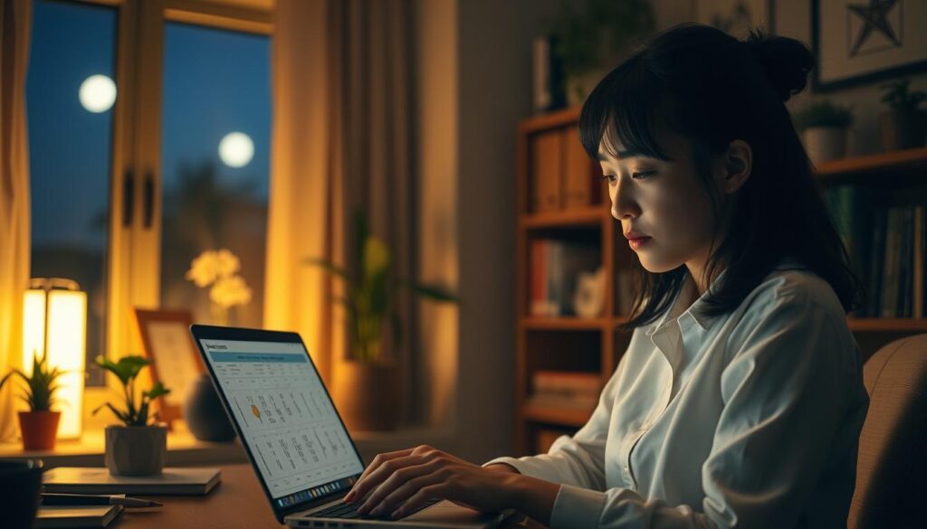 A cozy, dimly lit office setting with a young Japanese woman sitting at a desk, intently studying a compatibility chart on her laptop screen. The room is filled with warm, soft lighting, creating a contemplative atmosphere. She appears focused, her brow slightly furrowed, as she carefully examines the data, seeking insights to guide her personal relationships. In the background, bookshelves and plants add depth and a sense of professionalism to the scene, while the window offers a glimpse of a serene, moonlit night outside, suggesting the personal nature of her task. The overall impression is one of a thoughtful, introspective moment, where the subject is using relationship compatibility analysis to navigate her life. A cozy, dimly lit office setting with a young Japanese woman sitting at a desk, intently studying a compatibility chart on her laptop screen. The room is filled with warm, soft lighting, creating a contemplative atmosphere. She appears focused, her brow slightly furrowed, as she carefully examines the data, seeking insights to guide her personal relationships. In the background, bookshelves and plants add depth and a sense of professionalism to the scene, while the window offers a glimpse of a serene, moonlit night outside, suggesting the personal nature of her task. The overall impression is one of a thoughtful, introspective moment, where the subject is using relationship compatibility analysis to navigate her life.