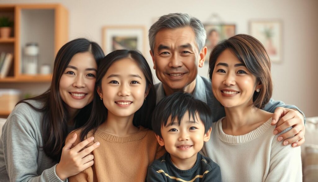 A cozy family gathering, siblings and parents united by warmth and love. A group portrait in soft, natural lighting, capturing the deep bonds and connection between them. Warm tones, gentle smiles, and a sense of belonging fill the frame. The family members, with their youthful, Japanese-inspired features, exude a sense of joy and contentment. In the background, a blurred domestic setting, suggesting the comfort and security of a cherished home. An image that beautifully illustrates the strength of familial ties and the power of close friendships.