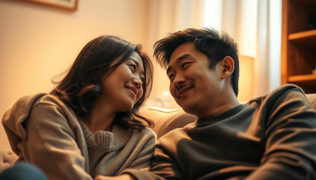 A cozy, intimate scene of a Japanese-looking young couple deeply engaged in conversation, their faces lit by soft, warm lighting that creates a sense of intimacy and trust. The woman leans in attentively, her expression open and caring, while the man gazes at her with a tender, contemplative look, suggesting the depth of their connection. The background is slightly blurred, drawing the viewer's focus to the couple and the atmosphere of their long-term, nurturing relationship. The overall mood is one of emotional closeness, mutual understanding, and a shared journey through life.