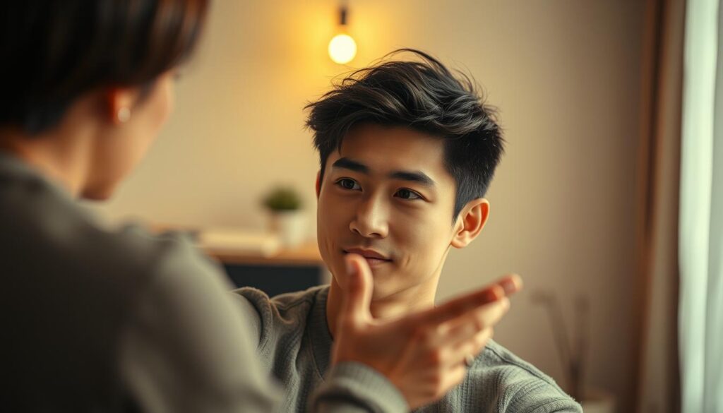 A cozy, intimate scene of a young, thoughtful ISFP Japanese man gently approaching his romantic interest. The man has a warm, introspective gaze, his body language conveying a sense of quiet confidence and genuine care. The lighting is soft and inviting, highlighting the man's handsome features and creating a calming, intimate atmosphere. The background is subtly blurred, keeping the focus on the man's attentive expression and body language as he reaches out to connect with his partner. The overall mood is one of quiet, genuine connection and the man's unique approach to building a meaningful romantic relationship.