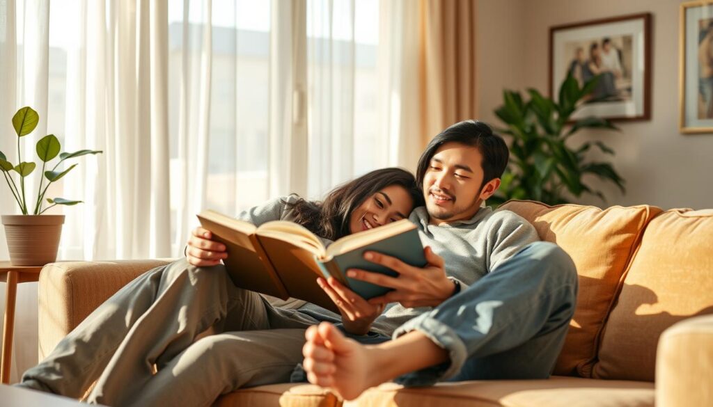 A cozy living room, bathed in warm, natural light filtering through sheer curtains. An INFP couple lounges together on a plush sofa, engrossed in a book they share, their bodies intertwined. The woman's head rests on the man's shoulder, her dark, silky hair cascading down. They are dressed casually, radiating a sense of comfort and intimacy. In the background, a potted plant and framed artwork adorn the walls, creating a serene, minimalist ambiance. The scene exudes a tranquil, introspective mood, capturing the essence of an INFP couple's everyday life, where their deep emotional connection and appreciation for simple joys shine through.