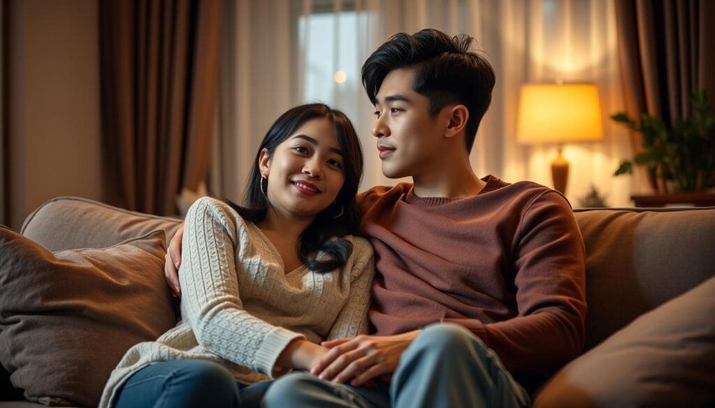 A cozy living room setting, with a young Japanese-looking couple sitting close together on a plush sofa. Soft, warm lighting illuminates their faces, creating a romantic, intimate atmosphere. The woman leans towards her partner, her expression conveying a sense of emotional connection and trust. The man gazes at her fondly, his body language open and responsive. The scene captures the essence of an ESFJ-T's approach to romance - a focus on building a strong, harmonious partnership based on understanding, empathy, and a shared desire for emotional fulfillment.