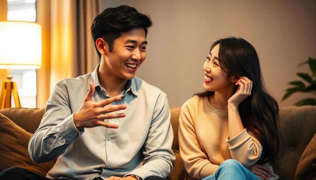 A cozy living room setting with two young Japanese-looking individuals, a man and a woman, engaged in a lively conversation. The lighting is warm and inviting, creating a comfortable and intimate atmosphere. The man, with a confident and charismatic demeanor, leans forward, gesturing animatedly as he speaks. The woman, with a friendly and attentive expression, leans in, her body language suggesting an engaged and compatible interaction. The scene conveys a sense of mutual understanding and compatibility between the two individuals, reflecting the harmonious relationship between an ESTP and their ideal partner.