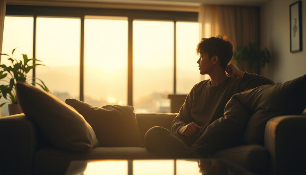 A cozy living room with two figures sitting on a plush sofa, engaged in a deep conversation. Soft, ambient lighting casts a warm glow, creating an atmosphere of intimacy and understanding. The figures, a young Japanese-looking man and woman, lean towards each other, their body language suggesting a connection and mutual trust. In the background, a large window overlooking a serene, natural landscape, symbolizing the tranquility and openness between the two. The scene evokes a sense of genuine communication, empathy, and the pursuit of mutual understanding.