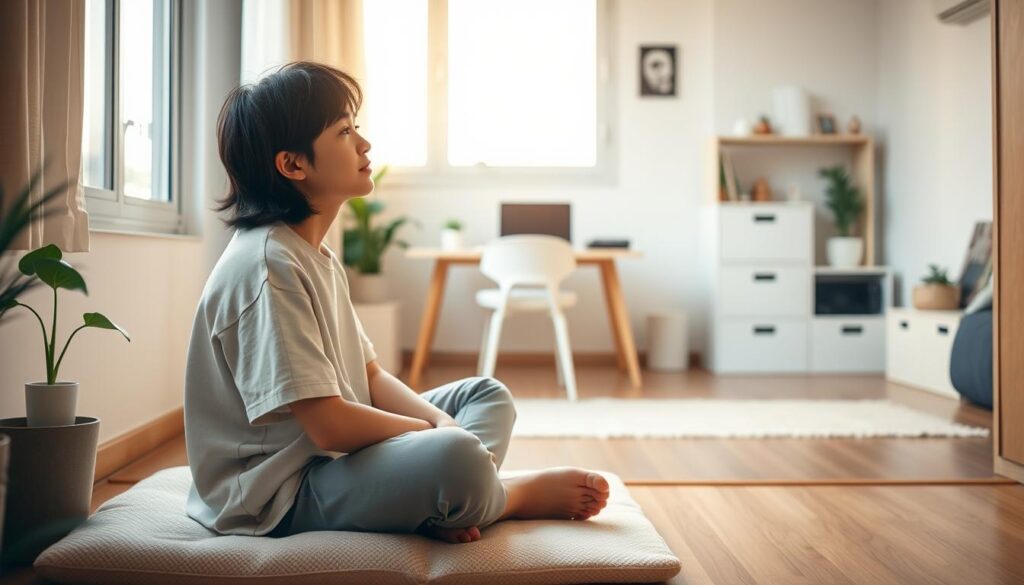 A cozy, minimalist Japanese apartment filled with natural light. In the foreground, a young person with a thoughtful expression sits cross-legged on a plush floor cushion, gazing out of a large window. Midground features a simple, functional desk with a laptop and a potted plant. The background depicts a clean, uncluttered living space with hints of personalized decor, conveying a sense of peaceful introspection and everyday contentment. Soft, warm lighting from the window creates a serene, contemplative atmosphere, inviting the viewer to pause and reflect on the simple pleasures of daily life.