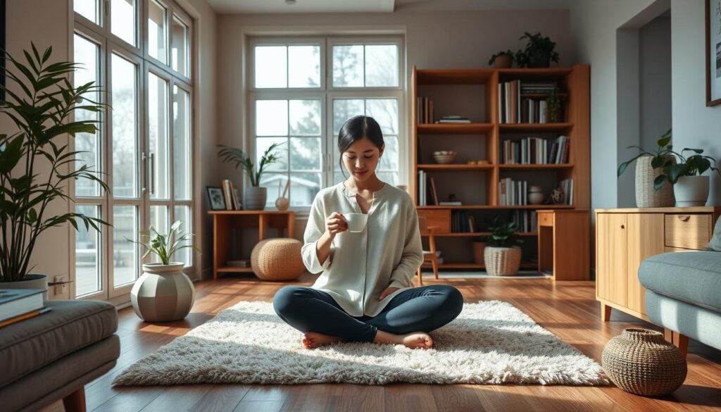 A cozy, minimalist living room with large windows bathed in soft, natural light. A young Japanese woman sits cross-legged on a plush rug, sipping tea from a delicate ceramic cup. Warm wooden furniture, potted plants, and a neatly organized bookshelf create a sense of tranquility and intentional living. The woman's expression is serene, reflecting the harmonious, unhurried lifestyle. Muted earth tones and clean lines evoke a sense of balance and simplicity. An overhead shot from a wide-angle lens captures the inviting, relaxed atmosphere of this ISFJ woman's ideal living space.