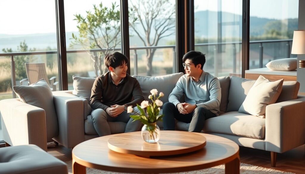 A cozy modern living room with large windows, soft lighting, and plush furniture. In the foreground, two young Japanese men sitting comfortably on a couch, engaged in an animated discussion. Their expressions are warm and attentive, conveying a sense of deep connection. The middle ground features a minimalist wood and glass coffee table, with a vase of fresh flowers adding a touch of nature. The background showcases a serene outdoor landscape, hinting at the tranquility and harmony of the setting. The overall atmosphere is inviting, intimate, and conducive to meaningful conversation.