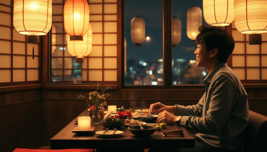 A cozy, romantic date night in a dimly lit Japanese-style restaurant. A young Japanese couple sitting at a low table, enjoying a traditional multi-course meal. Warm lighting from paper lanterns casts a soft glow, creating an intimate atmosphere. The man leans in, engaged in conversation, while the woman smiles warmly. The table is adorned with delicate floral arrangements and traditional tableware. In the background, a window offers a glimpse of a nighttime city skyline. The scene captures the essence of a successful date plan - thoughtful, immersive, and conducive to genuine connection.
