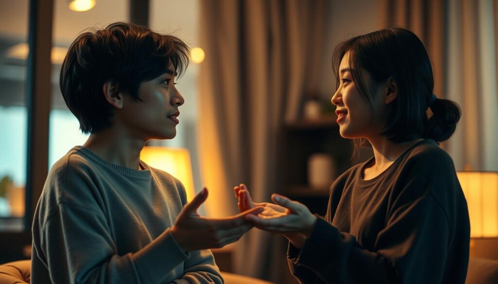 A cozy, well-lit interior with a pair of young Japanese-looking individuals engaged in a thoughtful, logical discussion. Soft, warm lighting illuminates their faces, highlighting their earnest expressions as they lean in towards each other, building trust through their mutual understanding. The background is subtly blurred, keeping the focus on the intimate, intellectual exchange between the two figures. Their body language conveys a sense of openness and sincere connection, as if navigating a complex topic with care and respect. A serene, contemplative atmosphere pervades the scene, suggesting the power of reasoned dialogue to forge meaningful bonds.
