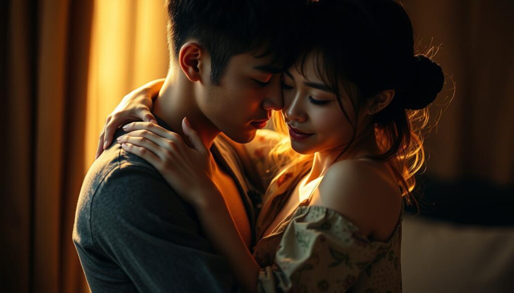 A deeply devoted couple embraces in a tender, intimate moment. Soft, warm lighting caresses their entwined forms, accentuating the emotional connection between them. Their expressions convey a profound sense of trust, vulnerability, and overwhelming affection. The scene radiates a palpable aura of vulnerability and vulnerability, capturing the essence of a passionate, soulful love. The models, with their youthful, Japanese-inspired features, embody the essence of the prompt, their bodies and faces merging in a seamless display of devotion.