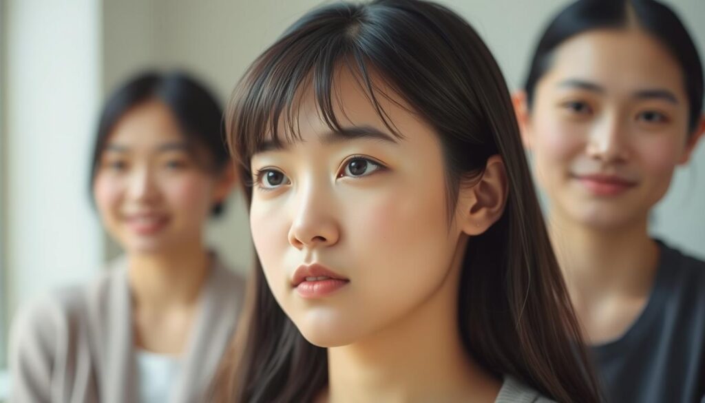 A delicate portrait showcasing the emotional expressions of ISFJ women. In the foreground, a young Japanese woman gazes inwardly, her eyes reflecting a pensive, thoughtful demeanor. The middle ground features two additional figures, one expressing a serene, compassionate smile while the other conveys a subtle, yet sincere concern. The background is subtly blurred, allowing the focus to remain on the nuanced facial cues and body language that embody the ISFJ personality. Soft, natural lighting bathes the scene, creating a calming, introspective atmosphere that invites the viewer to connect with the subjects' emotional landscape.