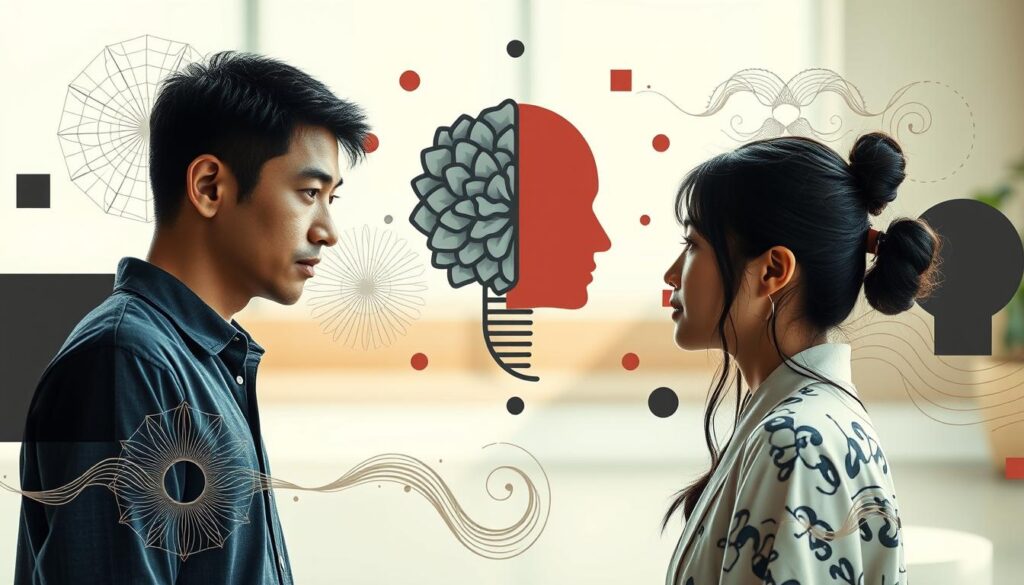 A detailed and harmonious interaction of various psychological functions, captured in a realistic photographic style. The foreground features two figures, a male and a female, engaged in thoughtful discussion, their facial expressions and body language conveying nuanced emotional dynamics. The middle ground showcases intuitive and rational cognitive processes, represented through abstract geometric forms and flowing patterns. In the background, a serene and minimalist environment provides a sense of balance and introspection. The lighting is soft and natural, accentuating the subjects' youthful and Japanese-inspired features. The overall composition aims to illustrate the complex interplay of MBTI psychological functions that shape interpersonal relationships.