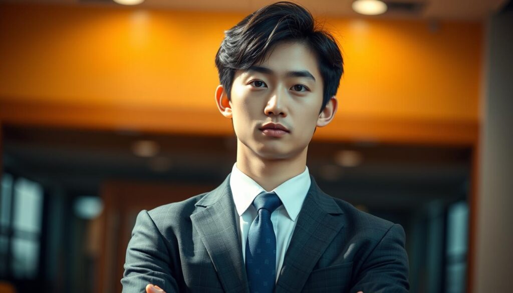 A detailed and realistic portrait of a young Japanese individual with dark hair, representing the ESTJ-A personality type. The subject stands confidently in a well-lit and professional setting, wearing a smart, formal attire that conveys authority and competence. The image has a warm, natural lighting that accentuates the subject's features and highlights their strong, determined expression. The background is slightly blurred, allowing the viewer to focus on the subject's powerful presence. The overall composition and mood convey the strengths and positive attributes associated with the ESTJ-A personality, such as organization, decisiveness, and leadership.