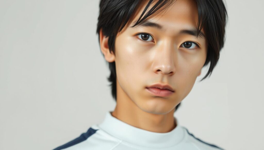 A detailed close-up portrait of a young, serious-looking Japanese person with black hair, shot in a realistic photographic style. The subject stands in a plain, minimalist setting, with soft, directional lighting that casts subtle shadows and highlights their facial features. The image conveys a sense of contemplation and focus, reflecting on areas for self-improvement as an ESTJ-A personality type. The background is simple and uncluttered, allowing the viewer to concentrate on the subject's expression and body language.