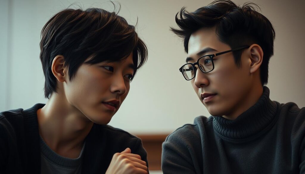 A detailed close-up portrait of two thoughtful young Japanese individuals engaged in an open and earnest conversation, their expressions conveying a sense of deep connection and understanding. The lighting is soft and diffused, creating a warm, introspective atmosphere. The composition places the figures in the middle ground, with a blurred, minimalist background that allows the focus to remain on their interaction. The overall mood evokes a sense of introspection, empathy, and the desire to improve communication and interpersonal relationships.