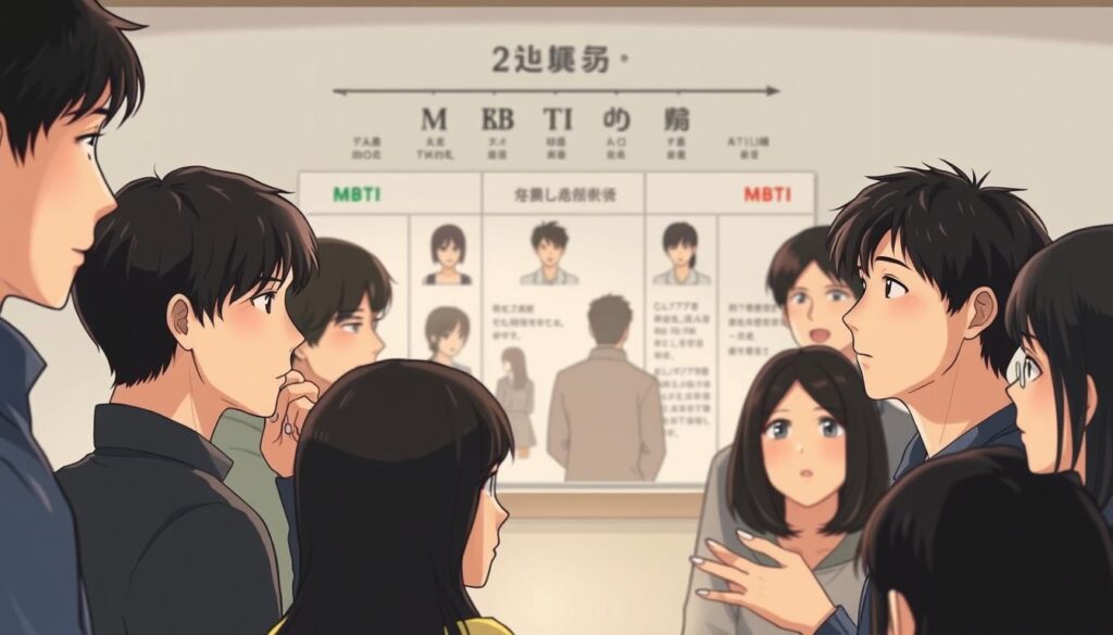 A detailed community analysis illustration featuring a group of young Japanese individuals with realistic, photorealistic facial features and natural black hair. The foreground depicts several figures engaged in thoughtful discussions, conveying a sense of interpersonal connection and shared understanding. The middle ground showcases a visual breakdown of different MBTI personality types, represented through subtle body language and facial expressions. The background subtly suggests the context of the "2channel" internet subculture, with a minimal, unobtrusive design. The overall mood is one of introspection, camaraderie, and a deep exploration of individual and collective identity. The lighting is soft and natural, creating a sense of warmth and approachability.