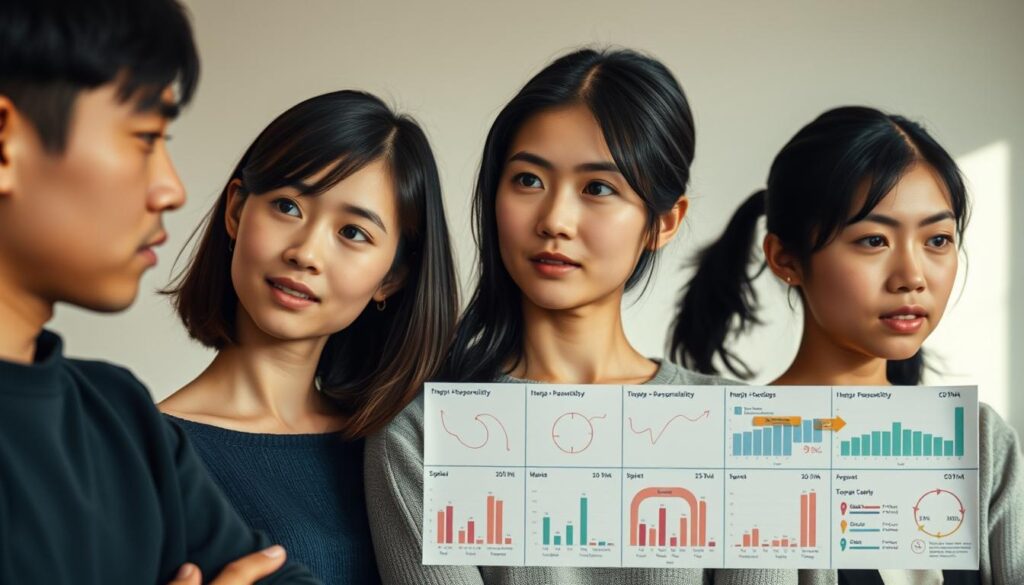 A detailed comparison of MBTI personality types, showcasing the diverse traits and unique strengths of each. In the foreground, a group of young, ethnically Japanese individuals, their features refined and expressive, engaged in thoughtful discussion. In the middle ground, a series of charts and graphs illustrating the nuanced differences between the personality types. The background evokes a serene, minimalist aesthetic, allowing the focal points to command attention. Soft, natural lighting casts a warm, contemplative mood, inviting the viewer to ponder the intricacies of human personality. The overall composition strikes a balance between analytical clarity and emotive resonance, reflecting the subject's dual nature.