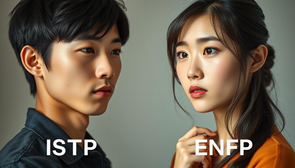 A detailed comparison of the ISTP and ENFP personality types, captured in a photorealistic image. Two youthful Japanese-looking models, one male and one female, face each other in a thoughtful pose. The male model, ISTP, exhibits a calm, analytical expression, while the female model, ENFP, shows a more expressive, emotive demeanor. Soft, natural lighting illuminates their features, creating a contemplative atmosphere. The background is a minimalist setting, allowing the models' contrasting personalities to take center stage. The image conveys the complexities and nuances of these two distinct personality types, inviting the viewer to explore their similarities and differences.