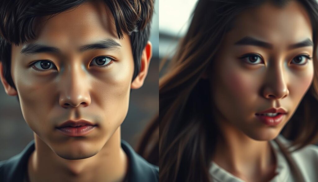 A detailed comparison of the logical and the emotional personality types, depicted through the vivid, realistic portraits of two young Japanese-looking models. In the foreground, the logical type is shown in a pensive, introspective pose, their face illuminated by soft, natural lighting that accentuates their thoughtful expression. In the middle ground, the emotional type is captured in a more dynamic, expressive pose, their features brought to life by dramatic lighting that evokes a sense of passion and intensity. The background is subtly blurred, allowing the viewer to focus on the contrasting personalities and their distinct characteristics.