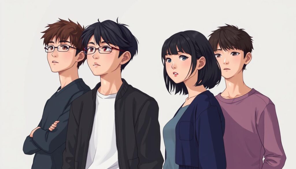 A detailed illustration showcasing the unique combination of MBTI personality types. The foreground features four young Japanese-looking individuals representing the core MBTI elements - Introversion/Extroversion, Sensing/Intuition, Thinking/Feeling, and Judging/Perceiving. They are depicted with realistic, photorealistic expressions, standing in a thoughtful, contemplative pose against a clean, minimalist background. The lighting is soft and natural, highlighting the nuanced facial features and body language of each character. The overall mood is one of introspection and self-discovery, inviting the viewer to explore the intricacies of their own personality type.