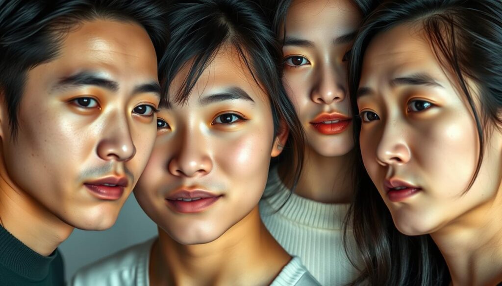 A detailed portrait of four young Japanese individuals, each representing one of the key personality traits that define the ENFJ archetype. The subjects are captured in a realistic, photographic style, their expressions and poses conveying the distinct qualities of Extraversion, Intuition, Feeling, and Judging. Soft, natural lighting illuminates their features, creating a serene, contemplative atmosphere. The composition arranges the four figures in a balanced, harmonious layout, allowing the viewer to easily discern the interplay of these fundamental psychological indicators that shape the ENFJ personality.