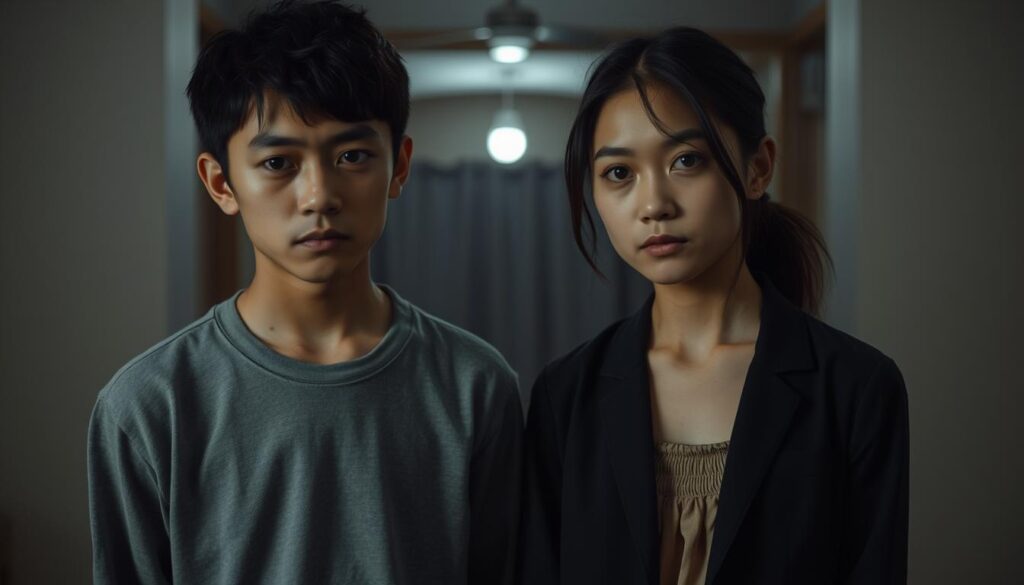 A detailed portrait of two young Japanese individuals with somber expressions, conveying a sense of incompatibility and discord. The foreground depicts the figures standing apart, their body language and facial features suggesting a strained interaction. The middle ground features a dimly lit, minimalist interior space with muted colors, creating an atmosphere of tension and unease. The background is blurred, allowing the viewer to focus on the central figures and their nonverbal communication. Soft, dramatic lighting casts subtle shadows, accentuating the subjects' features and the overall mood of the scene.