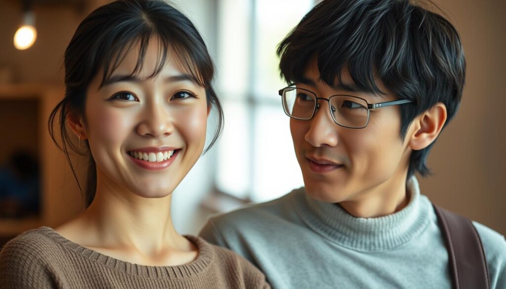 A detailed real-life portrait of a young Japanese-looking ENFJ and ISTJ couple, shot in soft, warm lighting. The ENFJ partner has an open, expressive face and a kind, welcoming demeanor, while the ISTJ partner has a more reserved, contemplative expression. They stand side by side, their body language suggesting a deep connection and understanding between them. The scene conveys a sense of harmony, compatibility, and the potential for a fulfilling partnership between these two complementary personality types.