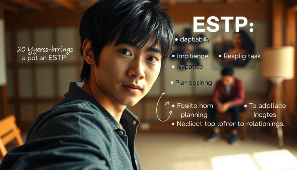 A detailed scene showcasing the strengths and weaknesses of an ESTP personality type. In the foreground, a young Japanese-looking individual with dark hair embodies the ESTP's adaptability, decisiveness, and risk-taking nature, captured in a dynamic, high-energy pose. In the middle ground, contrasting elements illustrate the ESTP's potential shortcomings, such as impatience, impulsiveness, and a tendency to neglect long-term planning. The background suggests a thoughtful, introspective atmosphere, inviting the viewer to consider how these traits might shape an ESTP's romantic relationships and lifestyle. The overall composition is lit to evoke a sense of balance, complexity, and the nuances of this Myers-Briggs personality type.