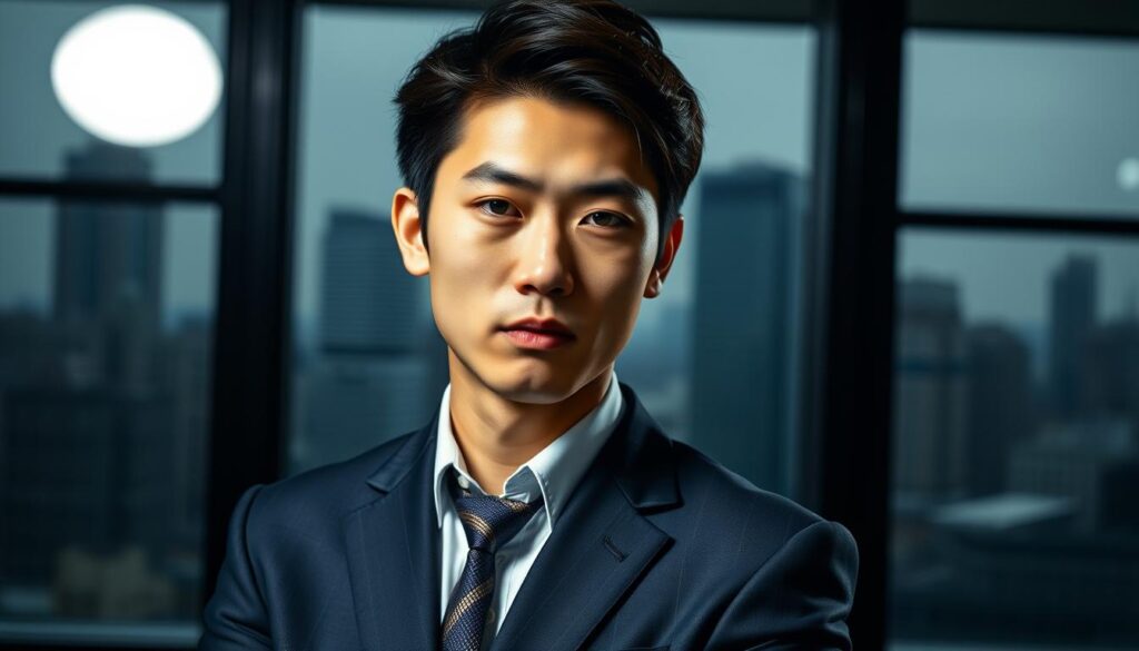 A detailed, stylized portrait of a young Japanese-looking professional in their mid-20s to 30s, with a serious yet confident expression, dressed in a crisp, well-tailored business suit, standing against a dimly lit, modern office setting with a large window in the background showcasing a cityscape. The lighting is carefully controlled, creating dramatic shadows and highlights to emphasize the subject's features and convey a sense of authority and competence. The composition is balanced and compositionally strong, drawing the viewer's attention to the individual's poise and presence. The image should feel like a high-quality, editorial-style photograph that effectively illustrates the concept of "ESTJ-A 適職".