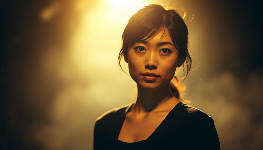 A determined young Japanese woman with a focused gaze and a slight smile, standing in a dimly lit, moody environment. She exudes a sense of confidence and self-assurance, her posture conveying a readiness to take risks and seize opportunities in her romantic pursuits. Soft, warm lighting illuminates her features, creating a sense of intimacy and introspection. The background is hazy and abstract, allowing the viewer to concentrate on her captivating presence. The overall mood is one of quiet determination and a willingness to embrace the unknown in matters of the heart.