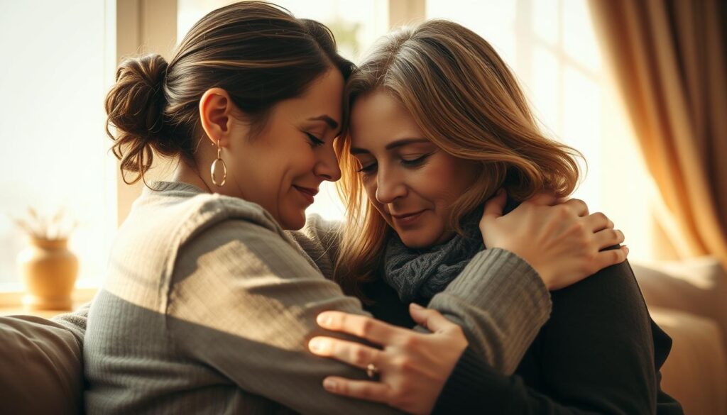 A devoted and attentive ISFJ woman, with a soft, caring expression, offering emotional support and comfort to a close companion. The scene is lit by gentle, warm natural light, creating a calming, intimate atmosphere. The two figures are positioned close together, their body language conveying a sense of trust, empathy, and profound connection. The background is subtly blurred, keeping the focus on the women's interaction. The rendering is photorealistic, with attention to subtle facial features and details that capture the essence of an ISFJ woman's nurturing, loyal personality.