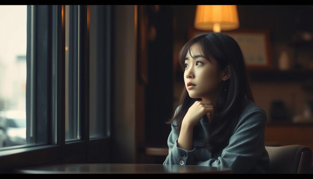 A dimly lit café, with a young, introspective-looking Japanese woman sitting alone by the window, gazing wistfully outside. Soft natural light filters in, casting a pensive mood. She appears lost in thought, her body language reflecting a sense of social discomfort and a desire for deeper connections. The background is blurred, emphasizing the focus on her contemplative expression. The scene conveys the challenges an INFJ might face in finding opportunities to meet potential partners, due to their reserved nature and preference for more intimate, meaningful interactions.