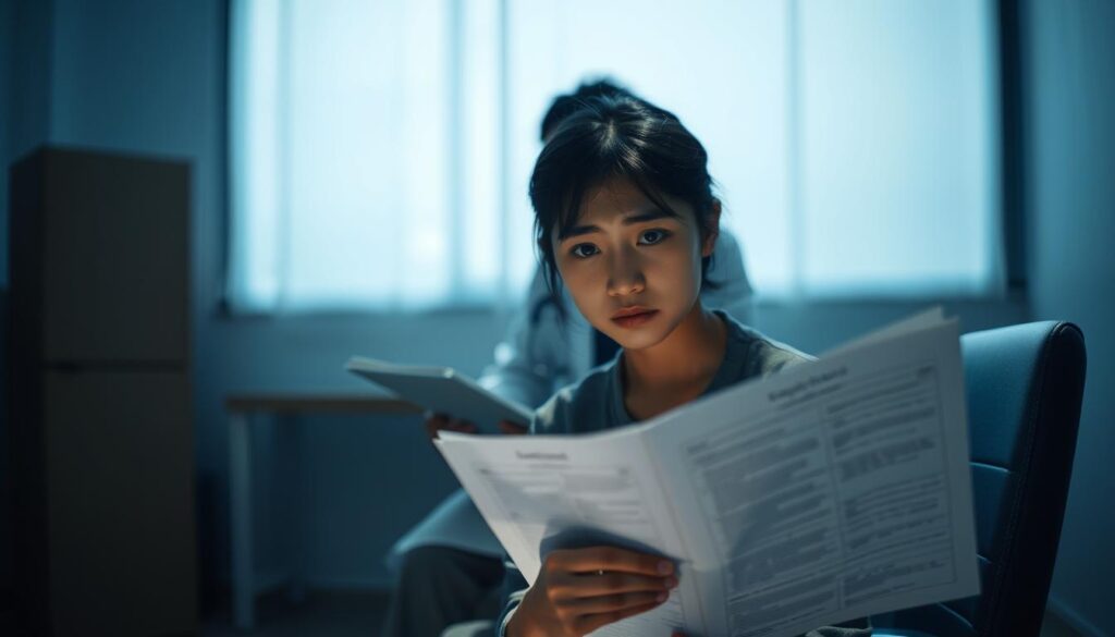 A dimly lit clinical examination room with a sense of uncertainty. In the foreground, a young Japanese-looking person sits with a concerned expression, grasping a medical report. The middle ground features a blurred yet authoritative figure, possibly a doctor, discussing the diagnosis. The background is hazy, evoking the ambiguity and complexity of the subject matter. Soft, directional lighting casts subtle shadows, creating an atmosphere of contemplation. The scene conveys the nuanced nature of personality assessments and the need to approach them with care and critical thinking.