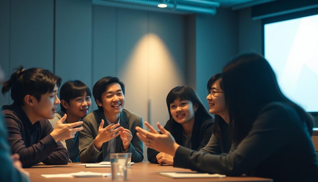 A dimly lit conference room with a group of young Japanese-looking individuals engaged in an animated discussion. Soft lighting illuminates their faces, casting a warm glow that accentuates their features. The group is gathered around a table, leaning in intently, gesturing with their hands as they exchange ideas. The atmosphere is one of thoughtful contemplation, a sense of introverted focus and quiet determination. The scene captures the essence of an intimate, internal event - a space where the reserved and contemplative can find connection and explore new perspectives.