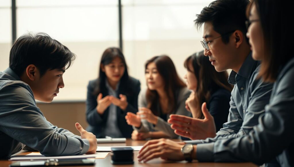 A dimly lit conference room with a team of Japanese-looking young professionals engaged in a lively discussion. The foreground features two colleagues leaning over a table, their expressions serious as they make hand gestures, conveying a sense of logical, analytical communication. In the middle ground, another pair of co-workers are engaged in a more casual exchange, their body language indicating a thoughtful, nuanced dialogue. The background is softly blurred, suggesting a sense of focus on the central communication challenges being explored. The lighting is warm and natural, creating an atmosphere of introspection and problem-solving.