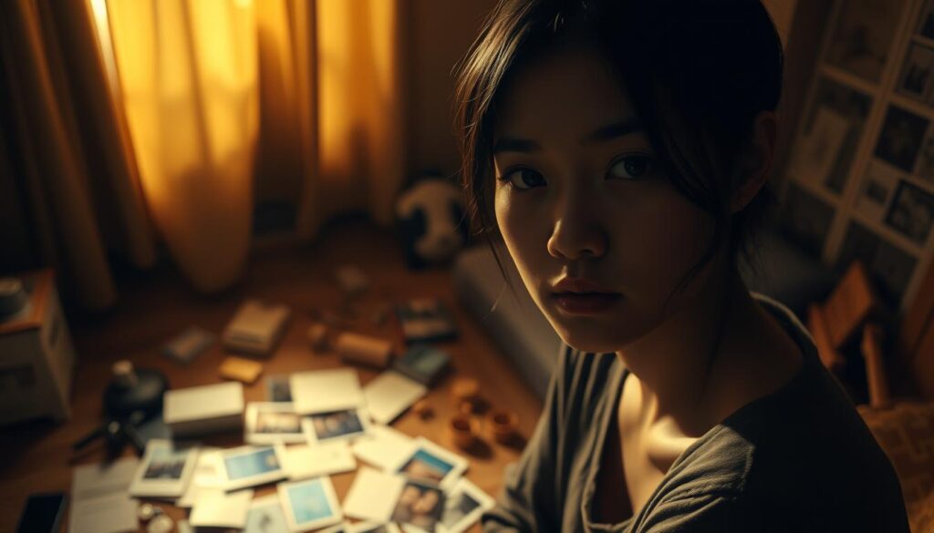A dimly lit room, bathed in a warm, golden glow, setting the stage for a tale of love's missteps. In the foreground, two young Japanese individuals, their expressions pensive, faces etched with the weight of past failures. Gentle shadows dance across their features, hinting at the inner turmoil they've navigated. The middle ground reveals a scattered array of mementos - photographs, trinkets, and letters - a visual representation of the obstacles they've overcome. The background, a softly blurred tapestry of earthy tones, evokes a sense of introspection and reflection, inviting the viewer to delve deeper into the narrative of resilience and growth.