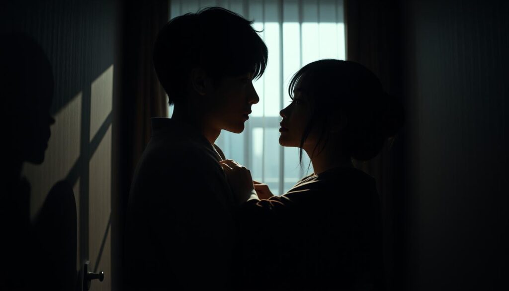 A dimly lit room, its shadows cast long and deep, enveloping two figures in an intimate embrace. Their faces, youthful and Japanese-inspired, are locked in a gaze that transcends the physical, a silent communication of unspoken bonds. The scene exudes a palpable sense of closeness, a connection that seems to have been cultivated over time, weathering the ups and downs of life. Yet, a sense of melancholy lingers, hinting at the potential challenges and constraints of such a narrow, intense relationship. The lighting, soft and atmospheric, adds to the introspective mood, inviting the viewer to ponder the delicate balance between the benefits and drawbacks of these deeply rooted interpersonal ties.