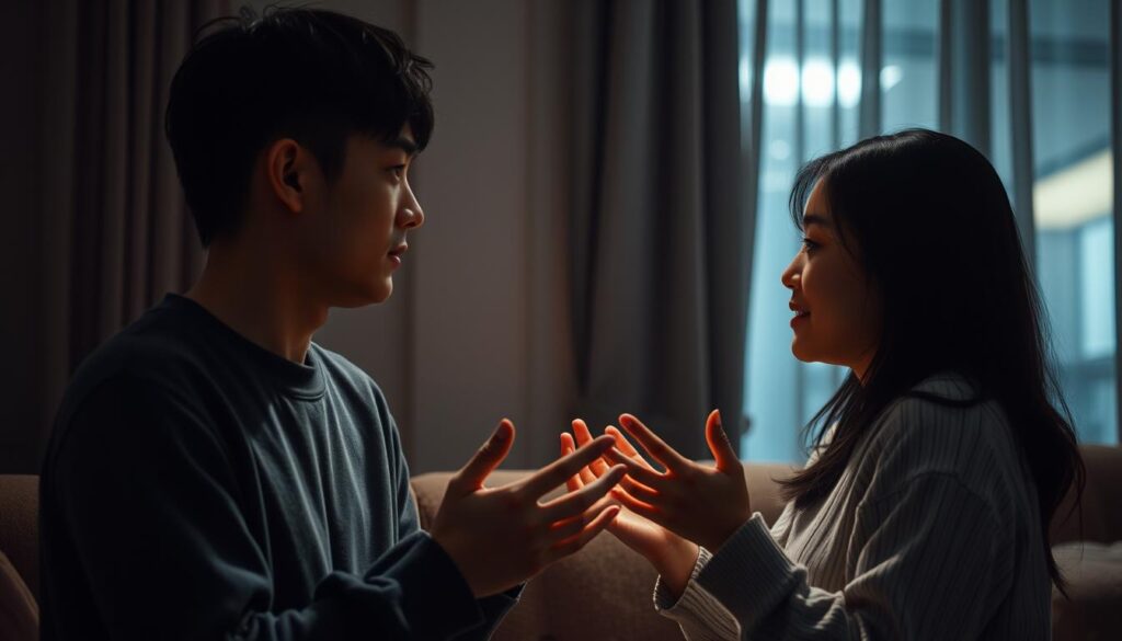 A dimly lit room, soft lighting falling on the faces of two young Japanese individuals engaged in deep, meaningful conversation. Their body language speaks volumes - hands gesturing, eyes locked, an intimate connection palpable in the air. The scene exudes a sense of understanding and emotional resonance, capturing the essence of ESTP's nuanced approach to romance. The composition highlights the nonverbal cues that shape their interactions, with subtlety and authenticity.
