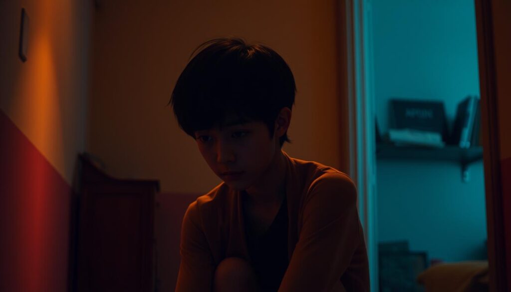 A dimly lit room, the walls painted in subdued hues, casting a warm, introspective glow. A young Japanese-looking figure sits alone, shoulders hunched, lost in pensive thought. Their face, delicate and expressive, exudes a blend of melancholy and quiet contemplation. The lighting is soft, almost ethereal, highlighting the subject's intricate features and creating a sense of solitude. In the background, a faint outline of a bookshelf or other personal artifacts suggests a private, intimate space, a sanctuary for the mind's inner workings. The overall atmosphere evokes a sense of profound loneliness, yet also the richness and depth of the individual's inner world.