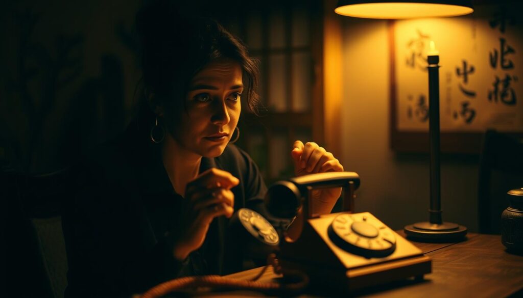 A dimly lit room with a woman sitting at a desk, a vintage-style telephone in front of her. Her gaze is focused, as if intently listening to the caller on the other end. Soft, warm lighting illuminates her face, creating an intimate, mystical atmosphere. The room is decorated with subtle, Japanese-inspired elements, such as a bamboo plant or a calligraphic scroll on the wall. The woman's expression conveys a sense of wisdom and intuition, hinting at her ability to provide insightful guidance through the telephone reading. The background is blurred, drawing the viewer's attention to the woman and the telephone, the central focus of the scene.