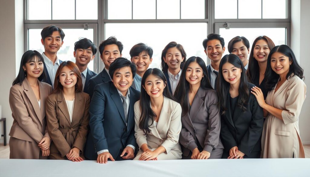 A diverse group of charismatic Japanese media personalities with youthful, photogenic appearances captured in a sleek, professional photo studio setting. Natural lighting from large windows bathes the scene in a warm, flattering glow, highlighting the subjects' expressive faces and elegant clothing. The composition emphasizes the subjects' engaging presence and high-profile status, creating an impactful visual representation of ENFJ public figures and their influential media presence.