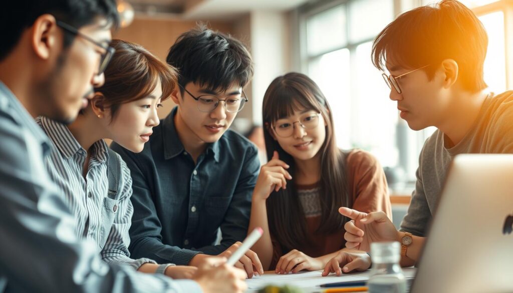 A diverse group of young Japanese individuals engaged in lively discussion, deep in thought as they collaborate to solve a complex challenge. The scene is bathed in warm, natural lighting, captured through a high-quality lens that accentuates the subjects' pensive expressions and the details of the workspace. The background is blurred, allowing the viewer to focus on the individuals' body language and the tangible sense of problem-solving in action. An atmosphere of focused determination permeates the image, reflecting the practical, solution-oriented approach to the challenges faced by the ESFJ and ENFP couple.