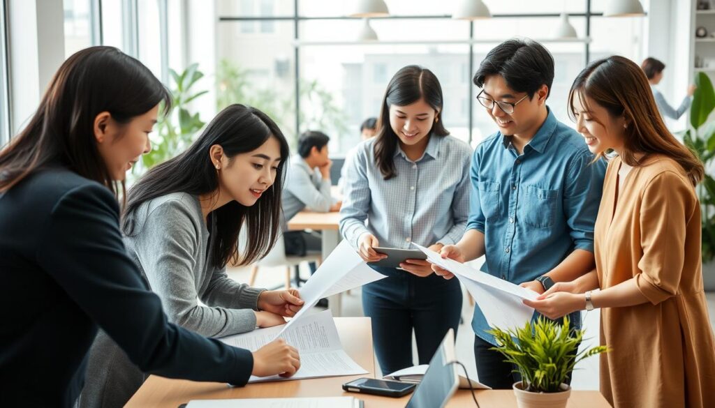 A diverse group of young Japanese professionals collaborating in a well-lit office environment. In the foreground, two colleagues lean over a desk, reviewing documents together. In the middle ground, a team discusses project plans at a conference table, their faces engaged and attentive. In the background, the office space is filled with natural light, plants, and modern furnishings, creating a harmonious and productive atmosphere. The scene conveys a sense of cooperation, communication, and shared purpose among the employees.