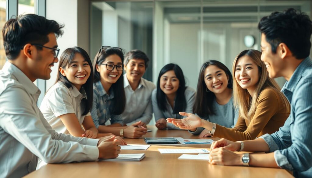 A diverse team of young, Japanese-looking individuals collaborating in a modern office setting. Warm, natural lighting illuminates their faces as they engage in lively discussion around a conference table. Their body language and facial expressions convey a sense of openness, cooperation, and shared purpose. The scene captures the dynamic energy and synergy of an effective team-building exercise, where different personalities and perspectives come together to achieve a common goal.