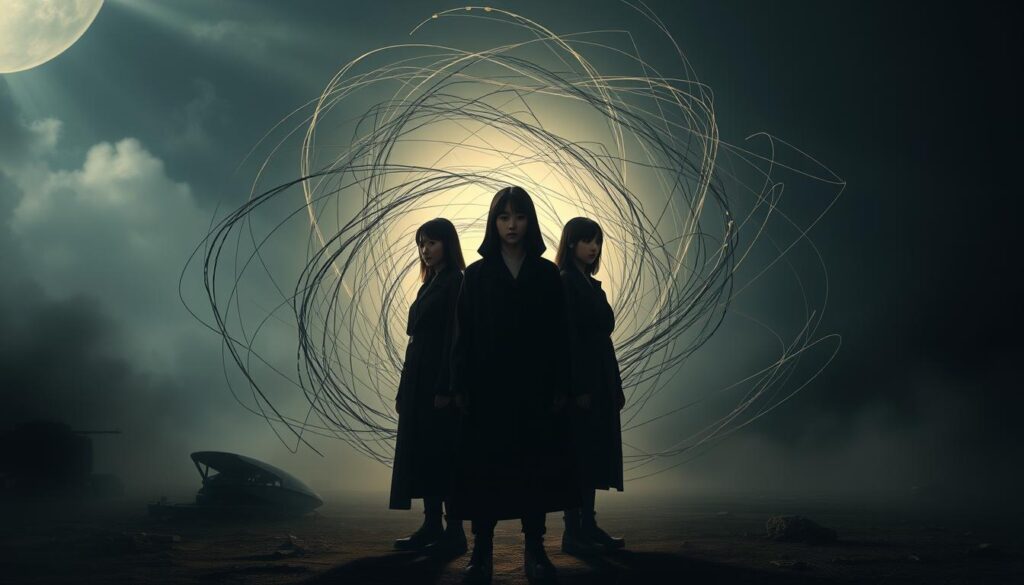 A dramatic, cinematic scene showcasing the visual expression techniques of young Japanese-looking models. A trio of figures stands centered, their faces obscured by shadows and dramatic lighting. Intricate, abstract patterns swirl around them, creating a sense of dynamism and energy. The background is a moody, atmospheric landscape with hints of futuristic architecture. The overall mood is one of mystery, creativity, and technical mastery. Soft, directional lighting illuminates the scene, casting dramatic shadows and highlights. The composition is balanced and visually compelling, drawing the viewer's eye to the central figures and their visual expressions.