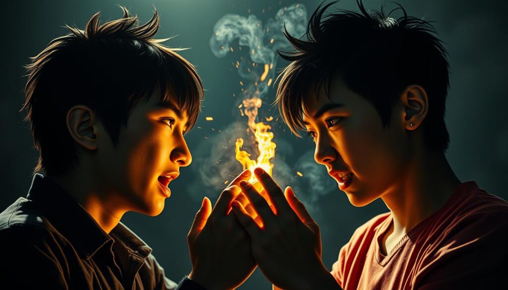 A dramatic clash of contrasting worldviews unfolds, as two individuals from vastly different backgrounds - an ESTJ and an ESFP - grapple with their incompatible values. Intense expressions of conflict and tension are illuminated by harsh, dramatic lighting, casting dramatic shadows. The figures are depicted in a realistic, photographic style, with youthful, Japanese-inspired features, conveying the personal nature of the clash. The scene captures the essence of the "Collision of Values" and the underlying challenges of reconciling such disparate perspectives.