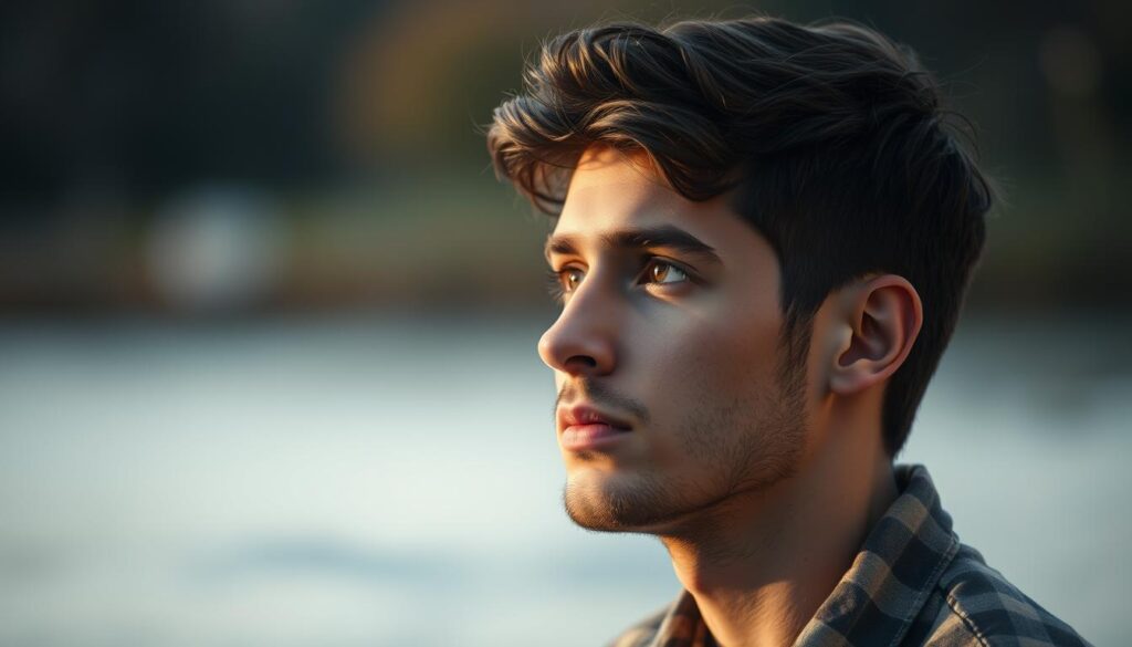 A dreamy and contemplative young ENFP man gazes pensively out of the frame, lost in thought about the nature of love and relationships. The soft, warm lighting casts a romantic, introspective mood, while the blurred background suggests a tranquil, peaceful setting. His expression is one of openness, curiosity, and a willingness to embrace new emotional experiences. The image conveys the ENFP's tendency to approach matters of the heart with an open, idealistic perspective, seeking deeper connections and meaningful experiences.
