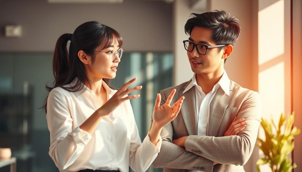 A dynamic and captivating scene of two Japanese-looking young professionals, a woman and a man, engaged in a thoughtful discussion. They stand in a modern office-like setting, bathed in warm, natural lighting, their body language conveying both a sense of professional rapport and an underlying personal connection. The woman gestures expressively, while the man listens intently, their faces displaying a mix of focus and subtle emotional nuance. The background is blurred, drawing the viewer's attention to the central figures and the interplay between their business and romantic dynamics.