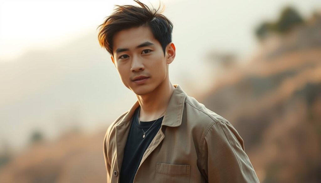 A dynamic and confident young Japanese man stands in a natural setting, his posture exuding leadership and his expression conveying a sense of adaptability. The lighting is soft and warm, highlighting the subtle details of his features. In the background, a blurred landscape suggests a calm and serene atmosphere, allowing the viewer to focus on the man's presence. The overall composition and mood evoke a sense of balance between strength and flexibility, embodying the essence of ESTP masculinity.