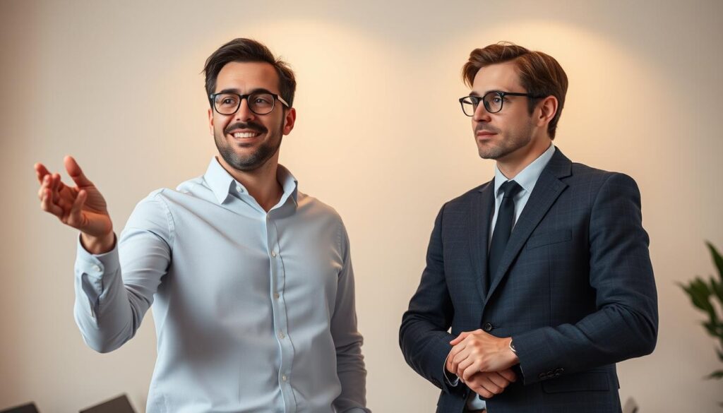 A dynamic collaboration between a visionary entrepreneur and a meticulous manager. In the foreground, the ESTP entrepreneur gestures passionately, their expression full of energy and drive. The ISTJ manager stands beside them, observing intently, their gaze thoughtful and analytical. Soft, warm lighting illuminates their faces, casting an air of professionalism and mutual respect. In the background, a minimalist office setting with clean lines and muted tones provides a refined, productive atmosphere. The interplay of their complementary personalities and skill sets creates a harmonious synergy, exemplifying the power of this unique pairing.